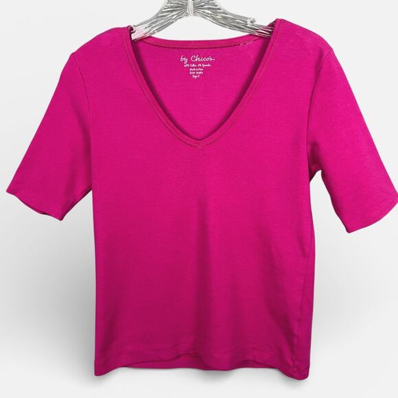 Chico's Tops - Chico’s Pink V-Neck Short Sleeve Top Size 0 Cotton Spandex